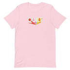 Moda QUILT logo with orange, pink, blue and yellow rays on a staple t-shirt in pink, front view – Kate Spain design