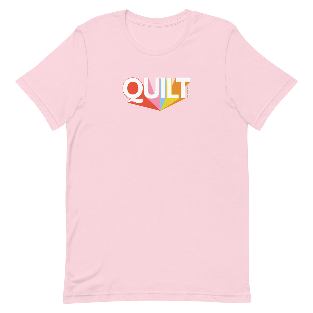 Moda QUILT logo with orange, pink, blue and yellow rays on a staple t-shirt in pink, front view – Kate Spain design