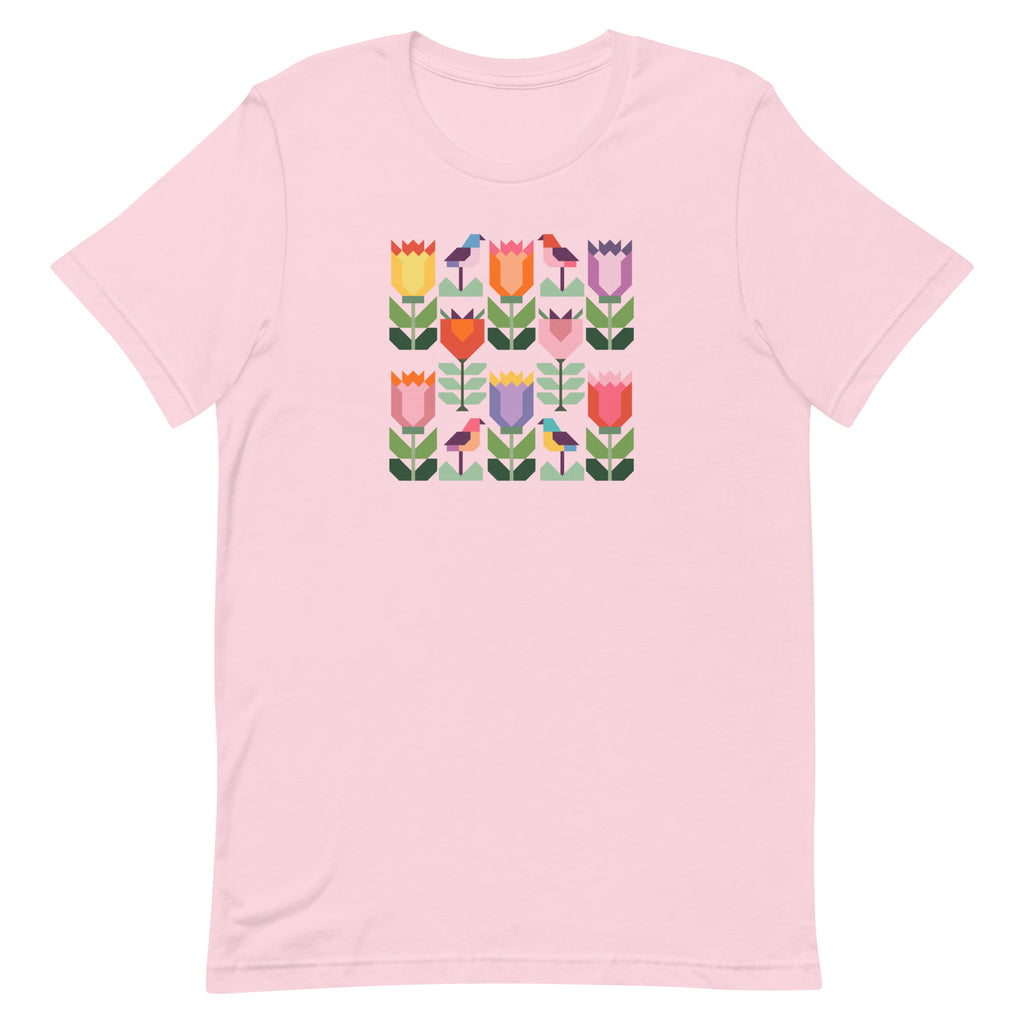 Birds + Blooms patchwork tulips and birds on a t-shirt in pink, front view – Kate Spain design for Pat Sloan