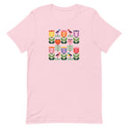 Birds + Blooms patchwork tulips and birds on a t-shirt in pink, front view – Kate Spain design for Pat Sloan