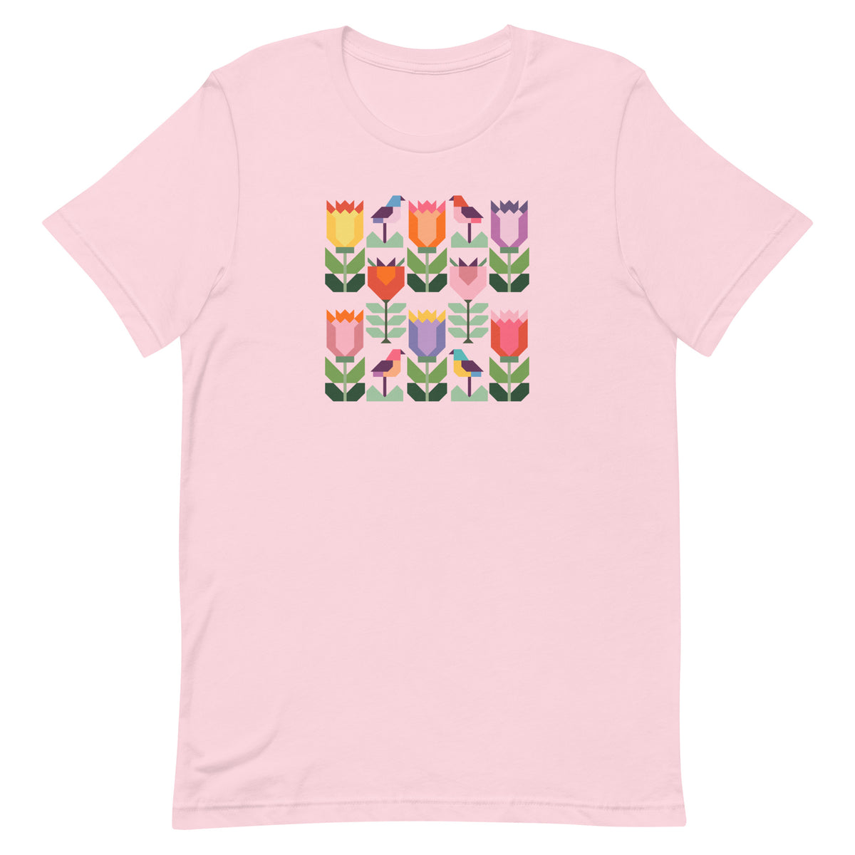 Birds + Blooms patchwork tulips and birds on a t-shirt in pink, front view – Kate Spain design for Pat Sloan