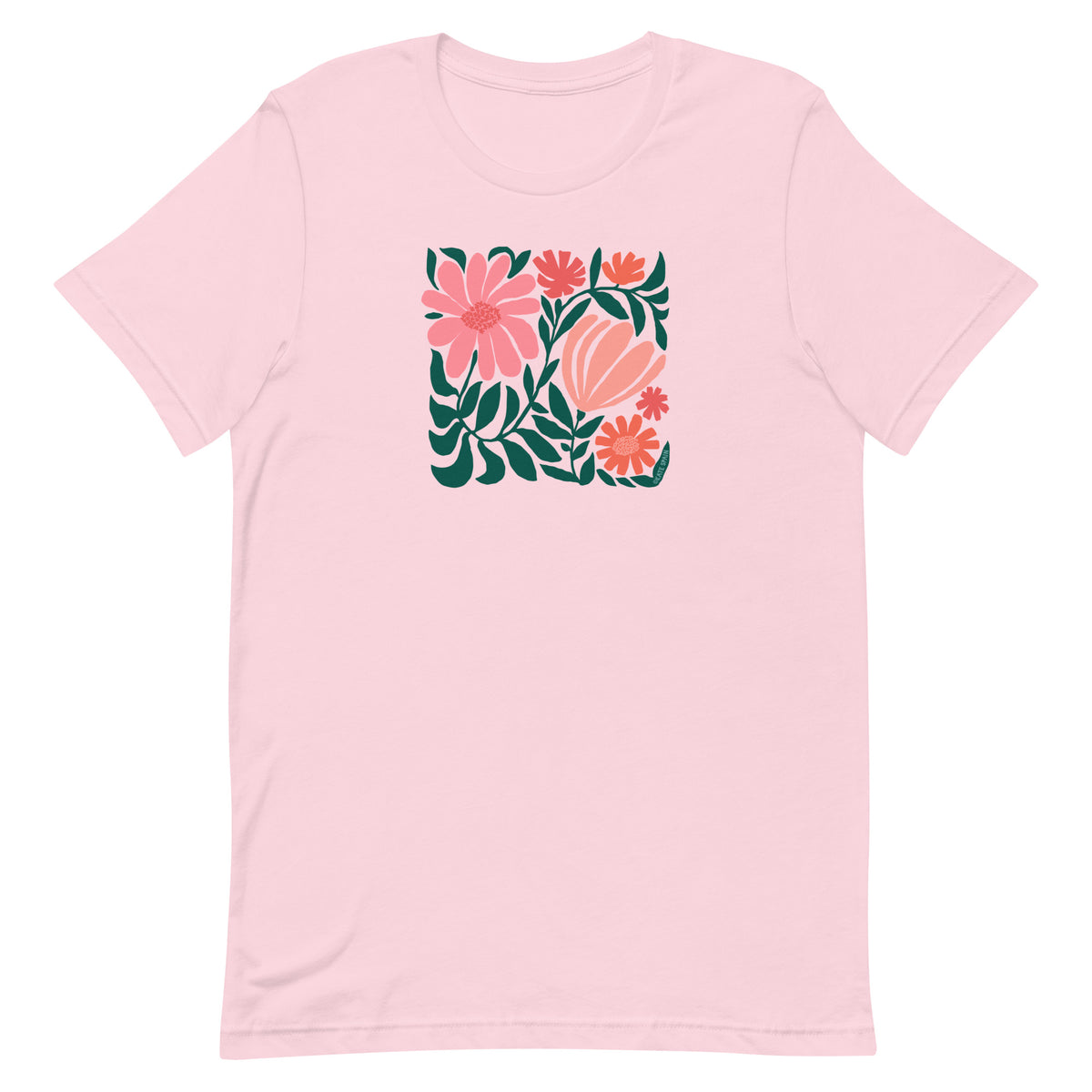 Botanica modern floral design with pink and coral blooms on a t-shirt in pink, front view – Kate Spain design