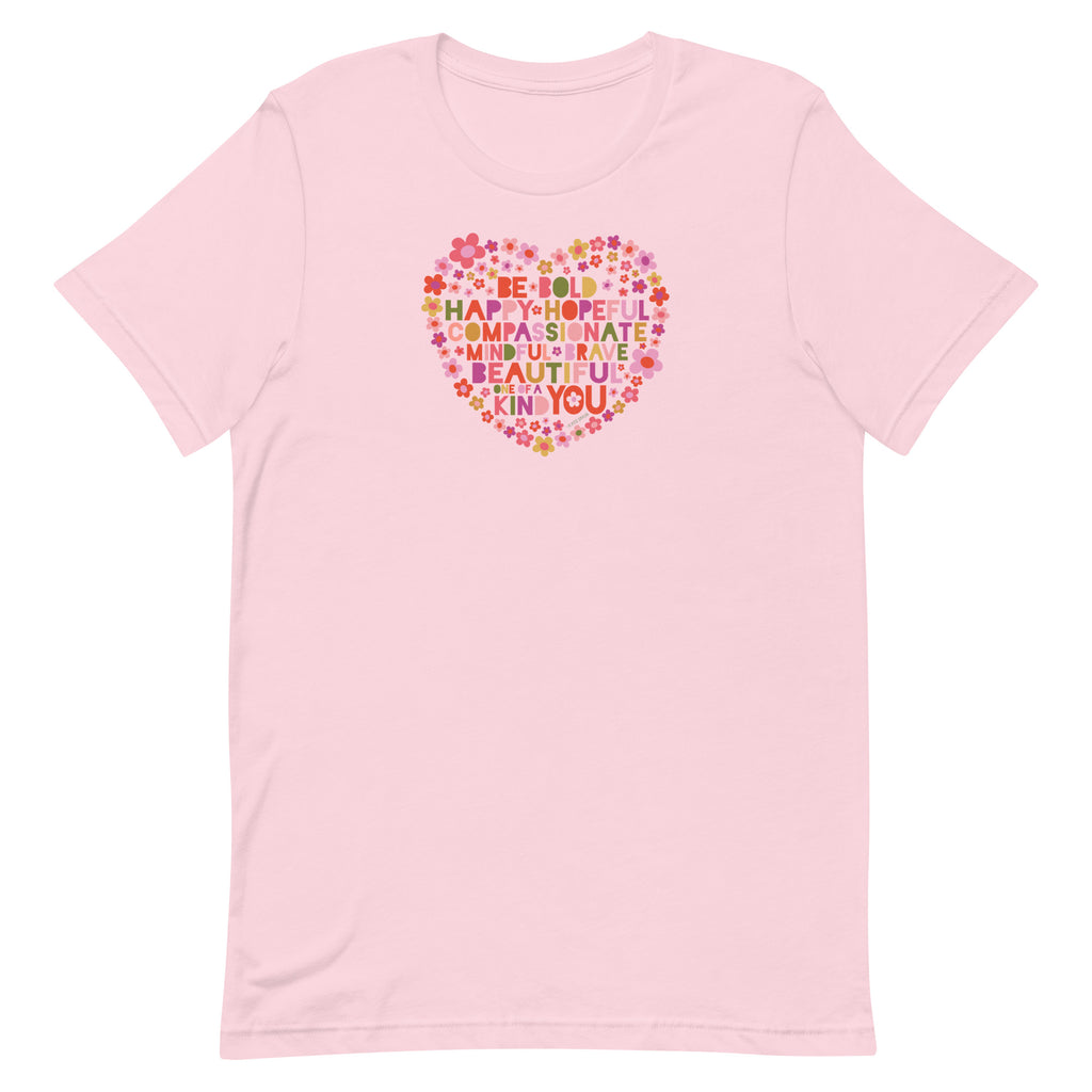 Be You floral heart of inspirational words on a staple t-shirt in pink, front view – Kate Spain design