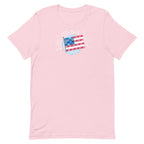 Patchwork Flag quilt-style flag with fireworks on a staple t-shirt in soft pink, front view – Kate Spain design for Pat Sloan
