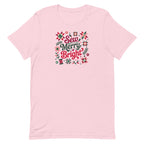 Sew Merry + Bright lettering with quilt stars and holly on a staple t-shirt in soft pink, front view – Kate Spain design for Pat Sloan