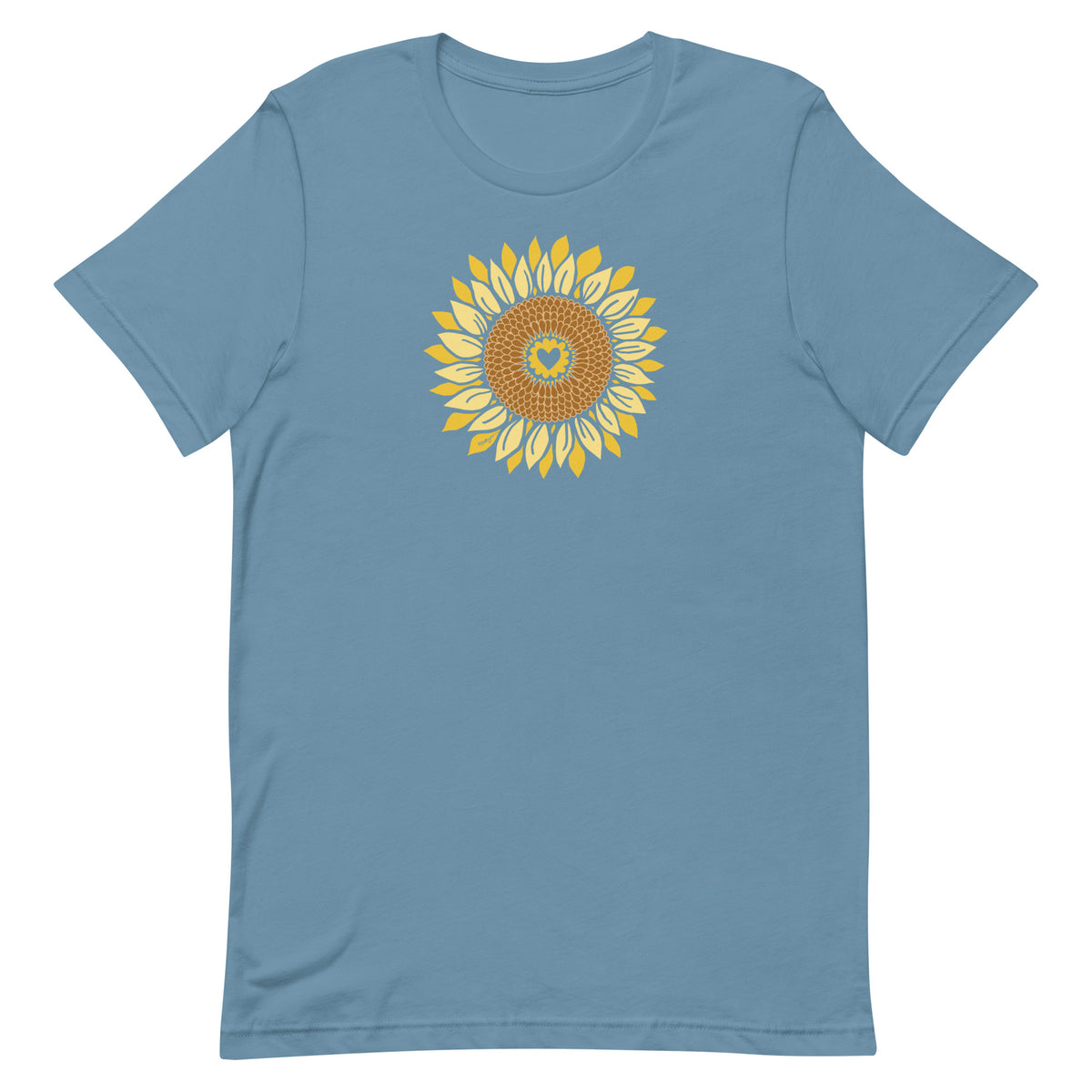Golden sunflower with a heart center on a crewneck t-shirt in steel blue, front view – Sunflowers in My Heart by Kate Spain
