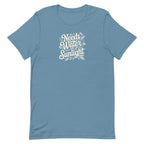Needs Water + Sunlight hand lettering with leaf and sun accents on a t-shirt in steel blue, front view – Kate Spain design