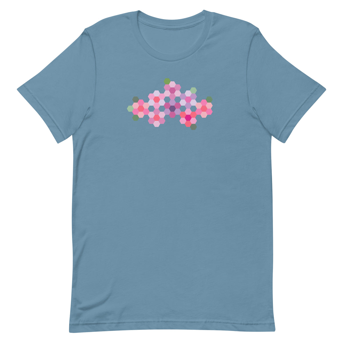 Pink GeoFlora hexagon flowers in pinks, mauves and sage on a t-shirt in steel blue, front view – Kate Spain design for Pat Sloan
