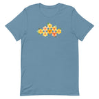 Yellow GeoFlora hexagon flowers in golden yellow, orange, coral and sage on a t-shirt in steel blue, front view – Kate Spain design for Pat Sloan