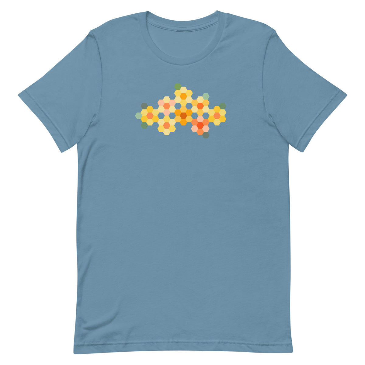 Yellow GeoFlora hexagon flowers in golden yellow, orange, coral and sage on a t-shirt in steel blue, front view – Kate Spain design for Pat Sloan