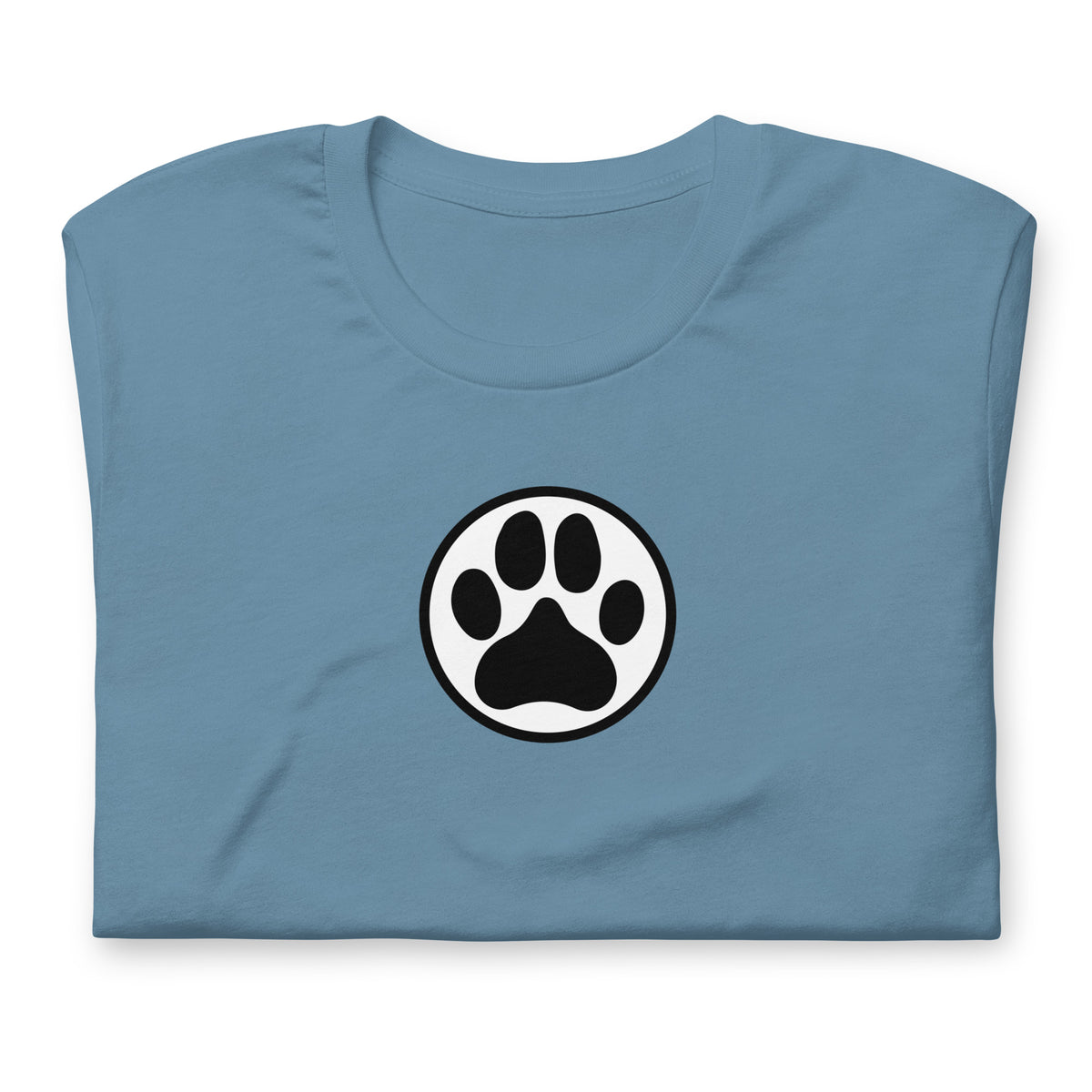 Law of the Paw® dog paw print on a t-shirt in steel blue, folded close-up of the design – Kate Spain design