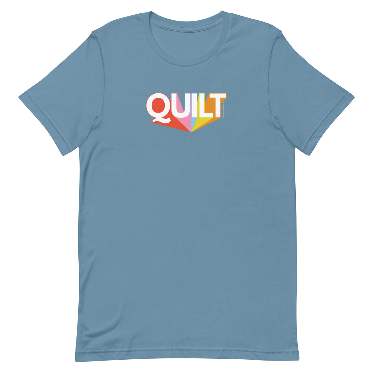 Moda QUILT logo with orange, pink, blue and yellow rays on a staple t-shirt in steel blue, front view – Kate Spain design
