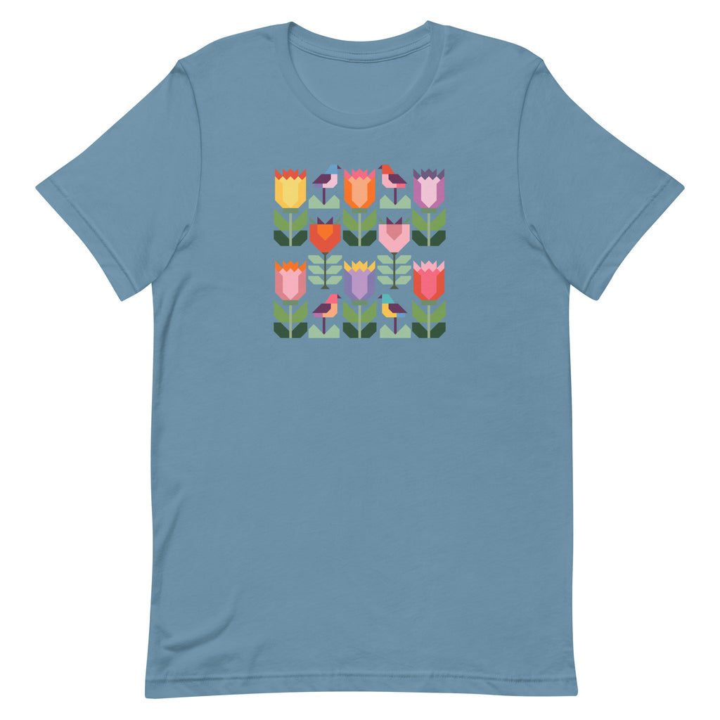 Birds + Blooms patchwork tulips and birds on a t-shirt in steel blue, front view – Kate Spain design for Pat Sloan