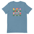 Birds + Blooms patchwork tulips and birds on a t-shirt in steel blue, front view – Kate Spain design for Pat Sloan