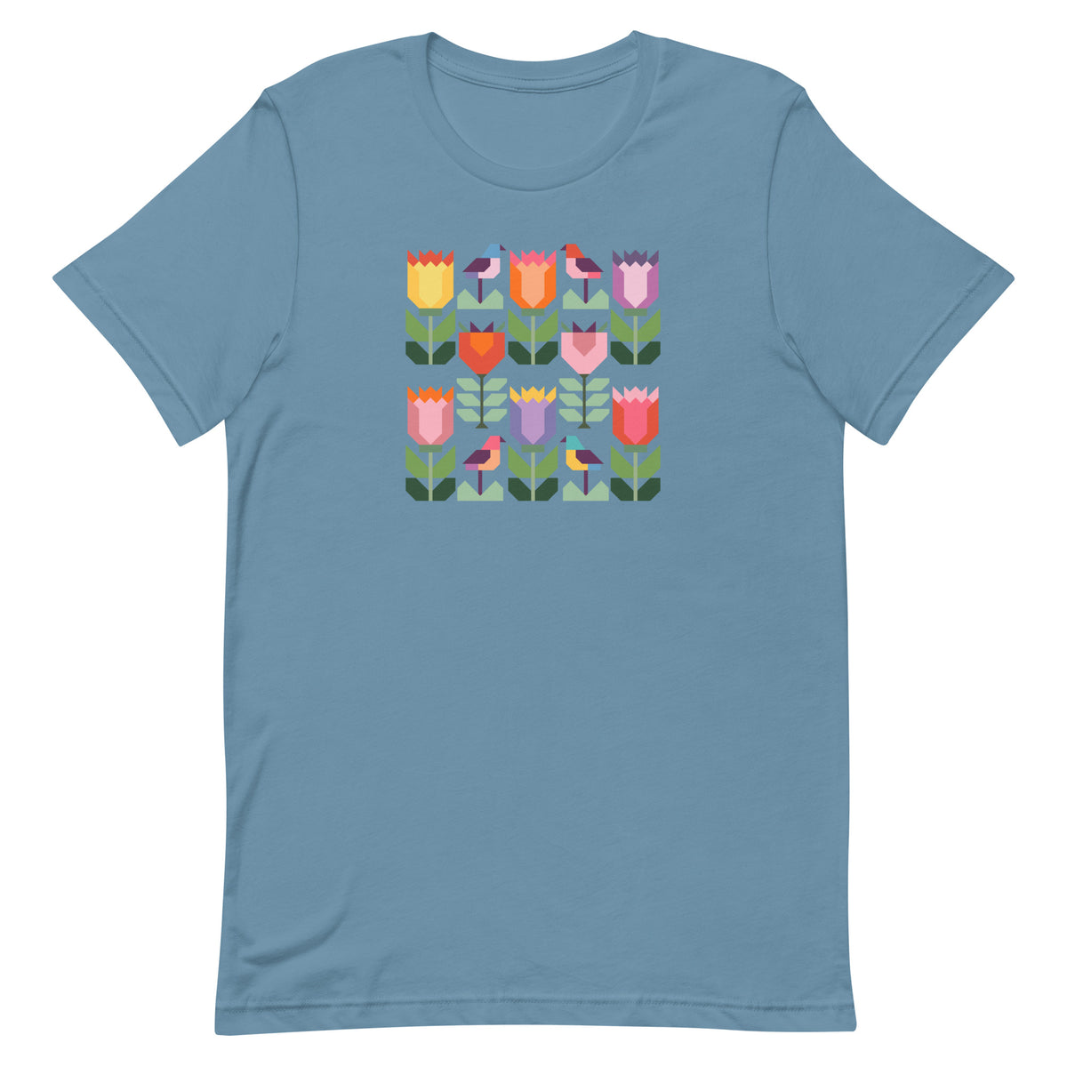 Birds + Blooms patchwork tulips and birds on a t-shirt in steel blue, front view – Kate Spain design for Pat Sloan