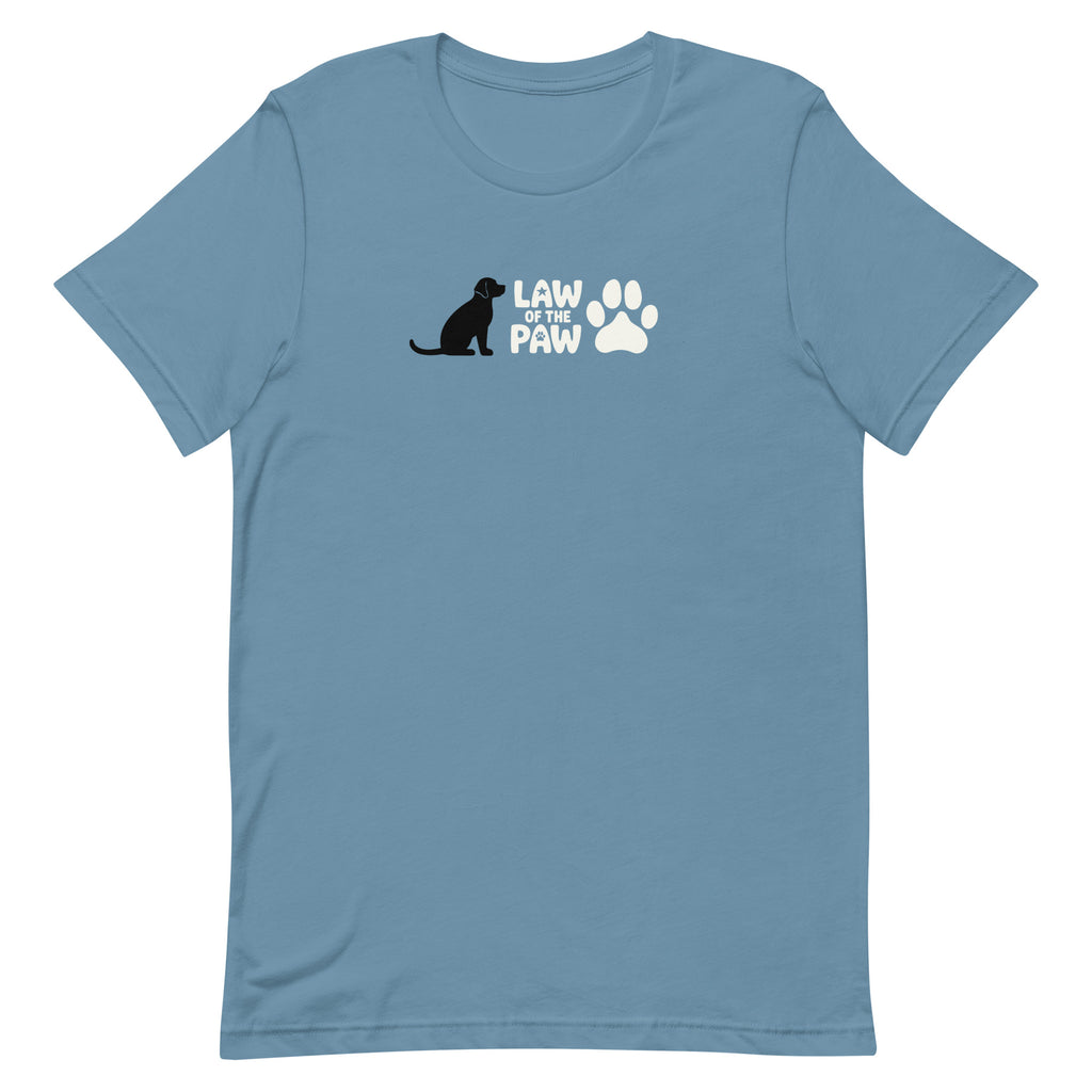 Law of the Paw® logo with seated dog and paw print on a t-shirt in steel blue, front view – Kate Spain design