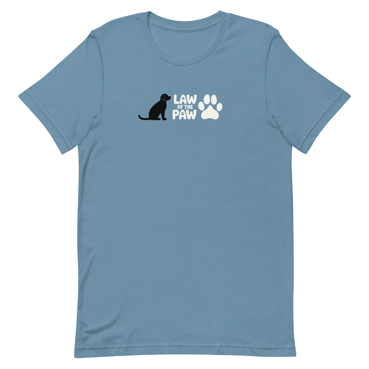 Law of the Paw® logo with seated dog and paw print on a t-shirt in steel blue, front view – Kate Spain design