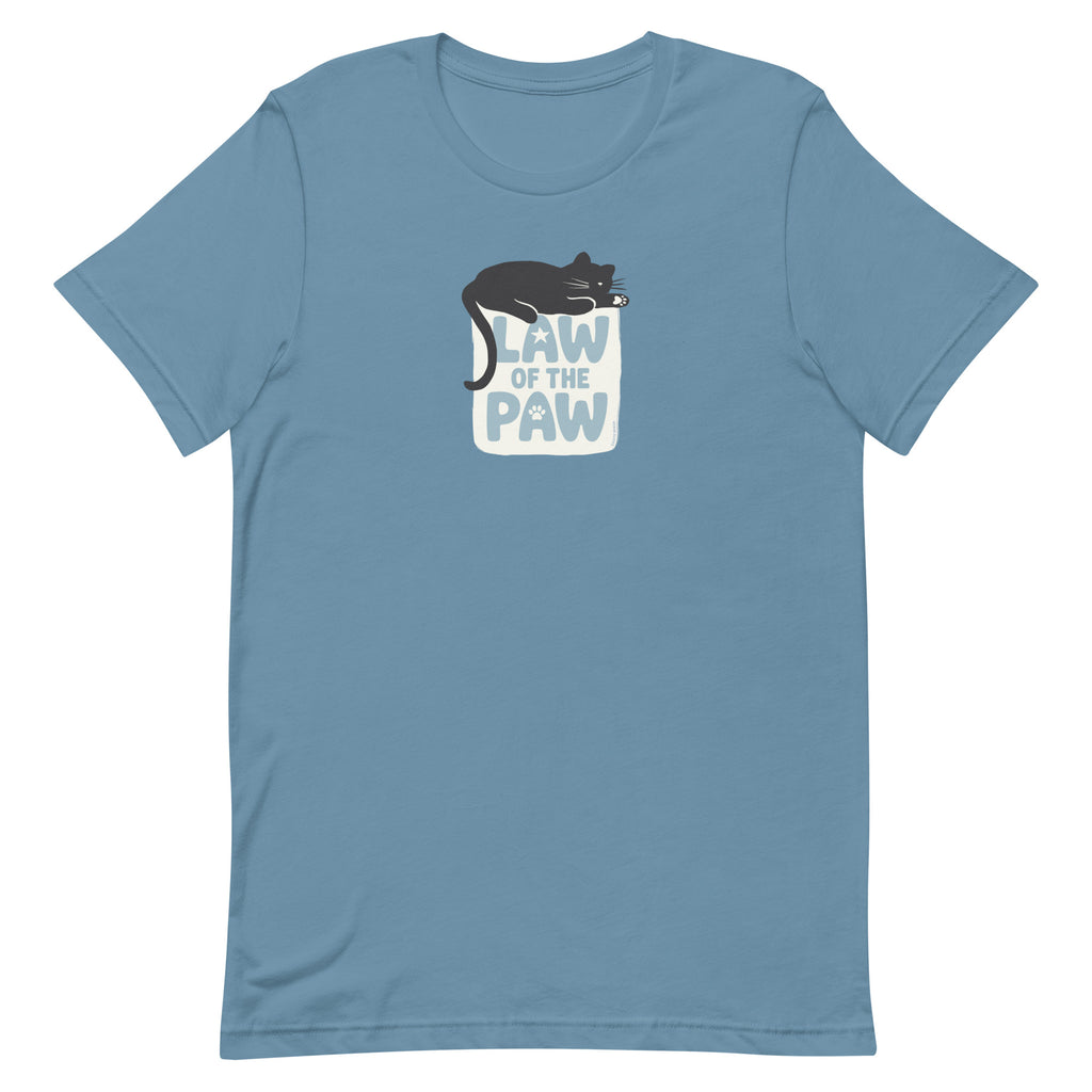Law of the Paw® design with a cat napping on the logo on a t-shirt in steel blue, front view – Kate Spain design