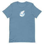 Great egret in flight against a blue circle on a t-shirt in steel blue, front view – Kate Spain design