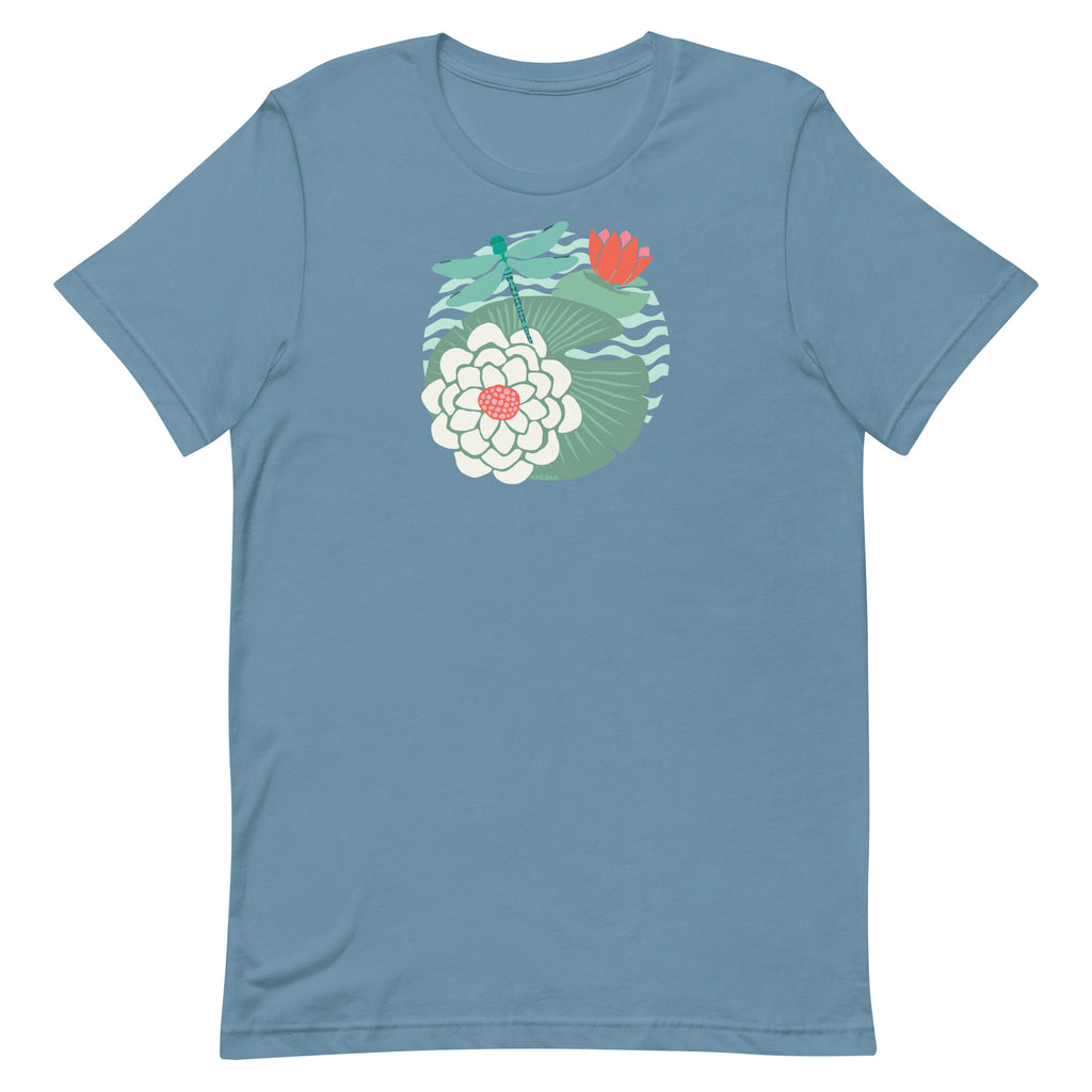 Dragonfly over water lilies and lily pads on a t-shirt in steel blue, front view – Kate Spain design