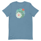 Dragonfly over water lilies and lily pads on a t-shirt in steel blue, front view – Kate Spain design