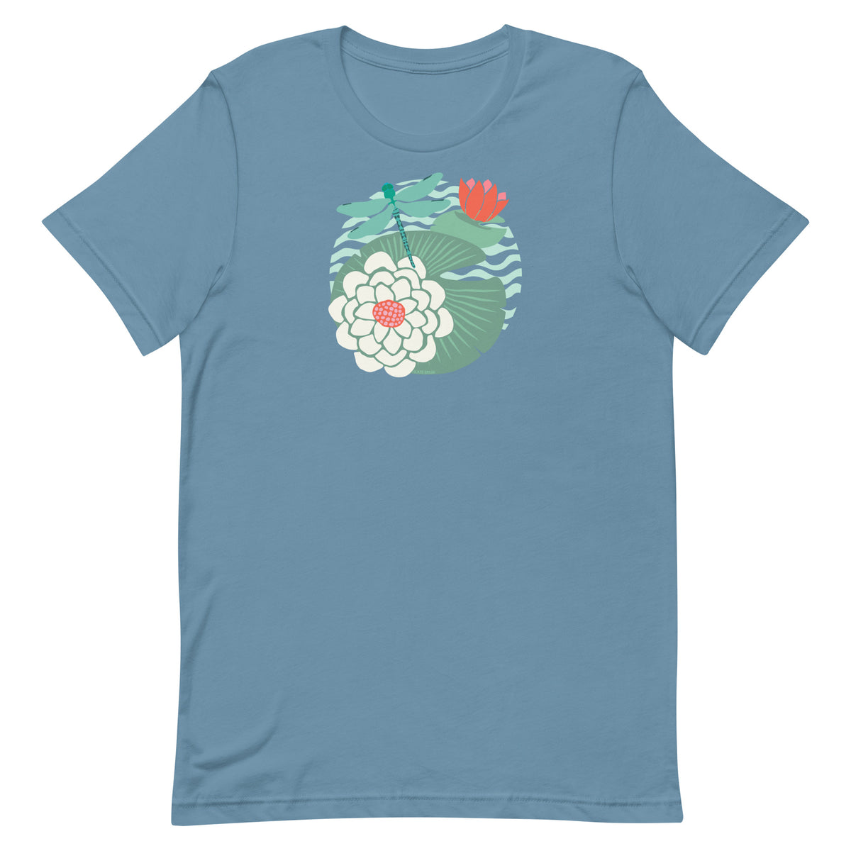 Dragonfly over water lilies and lily pads on a t-shirt in steel blue, front view – Kate Spain design