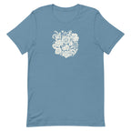 Meadowsweet woodblock-style bouquet of wildflowers on a t-shirt in steel blue, front view – Kate Spain design