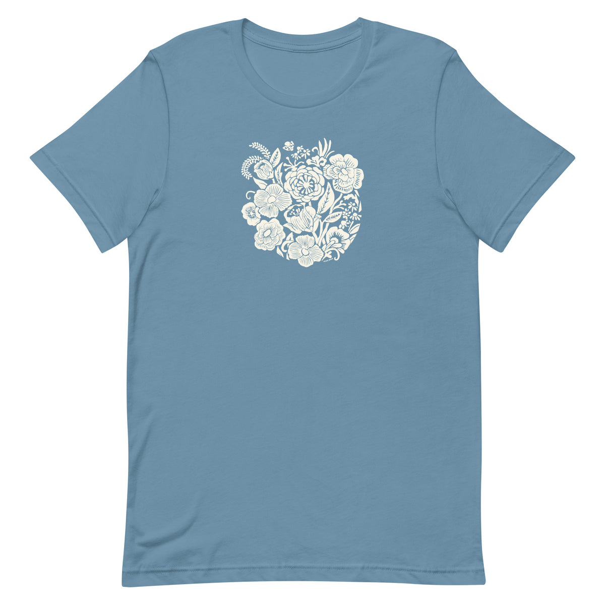 Meadowsweet woodblock-style bouquet of wildflowers on a t-shirt in steel blue, front view – Kate Spain design