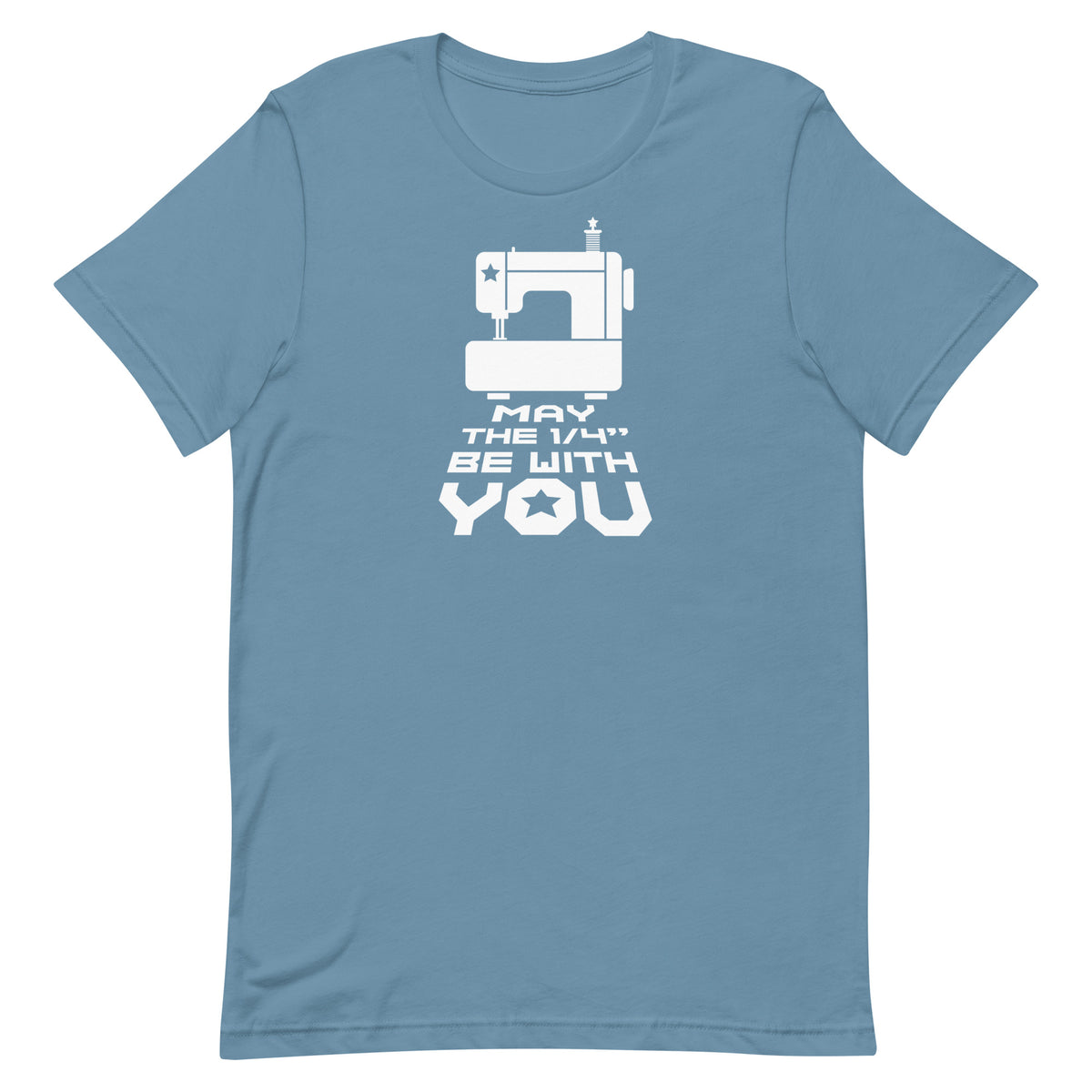 May the ¼" Be With You white sewing machine graphic on a staple t-shirt in steel blue, front view – Kate Spain design for Pat Sloan