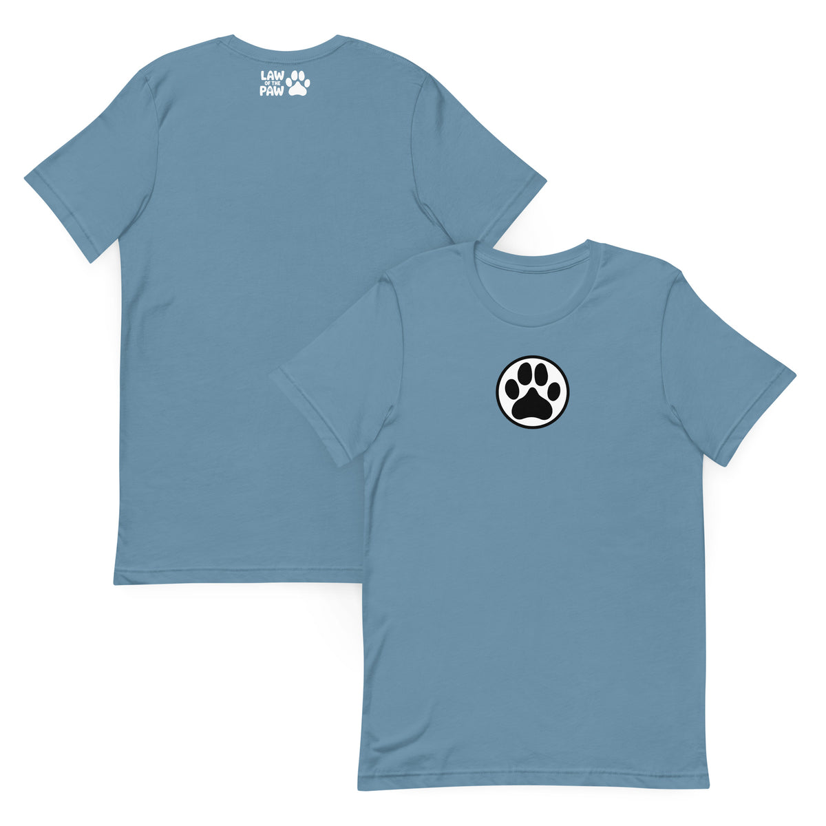 Law of the Paw® dog paw print on a t-shirt in steel blue, front and back view – Kate Spain design