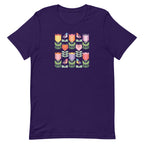 Birds + Blooms patchwork tulips and birds on a t-shirt in purple, front view – Kate Spain design for Pat Sloan