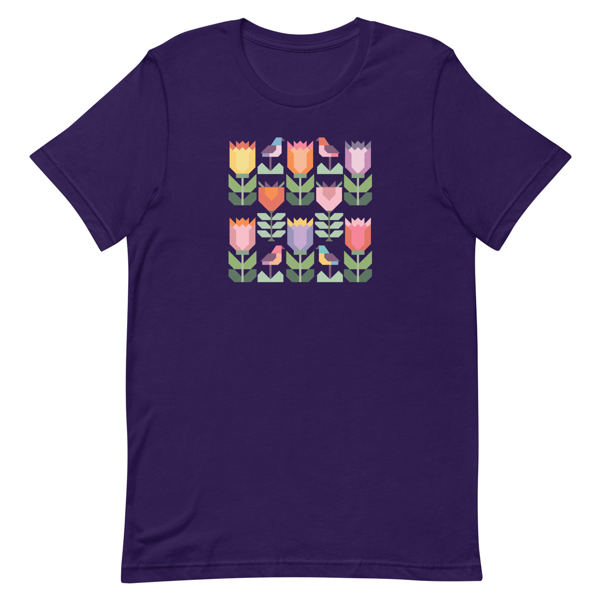 Birds + Blooms patchwork tulips and birds on a t-shirt in purple, front view – Kate Spain design for Pat Sloan