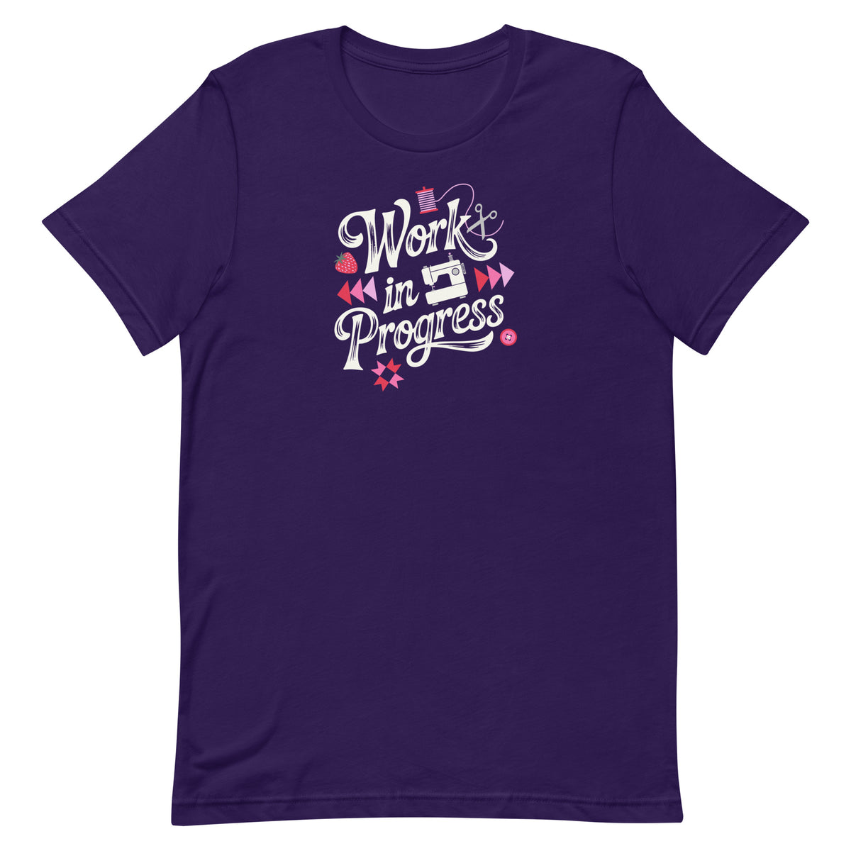 Work in Progress sewing design with flying geese, sewing machine, strawberry and thread spool on a t-shirt in purple, front view – Kate Spain design for Pat Sloan