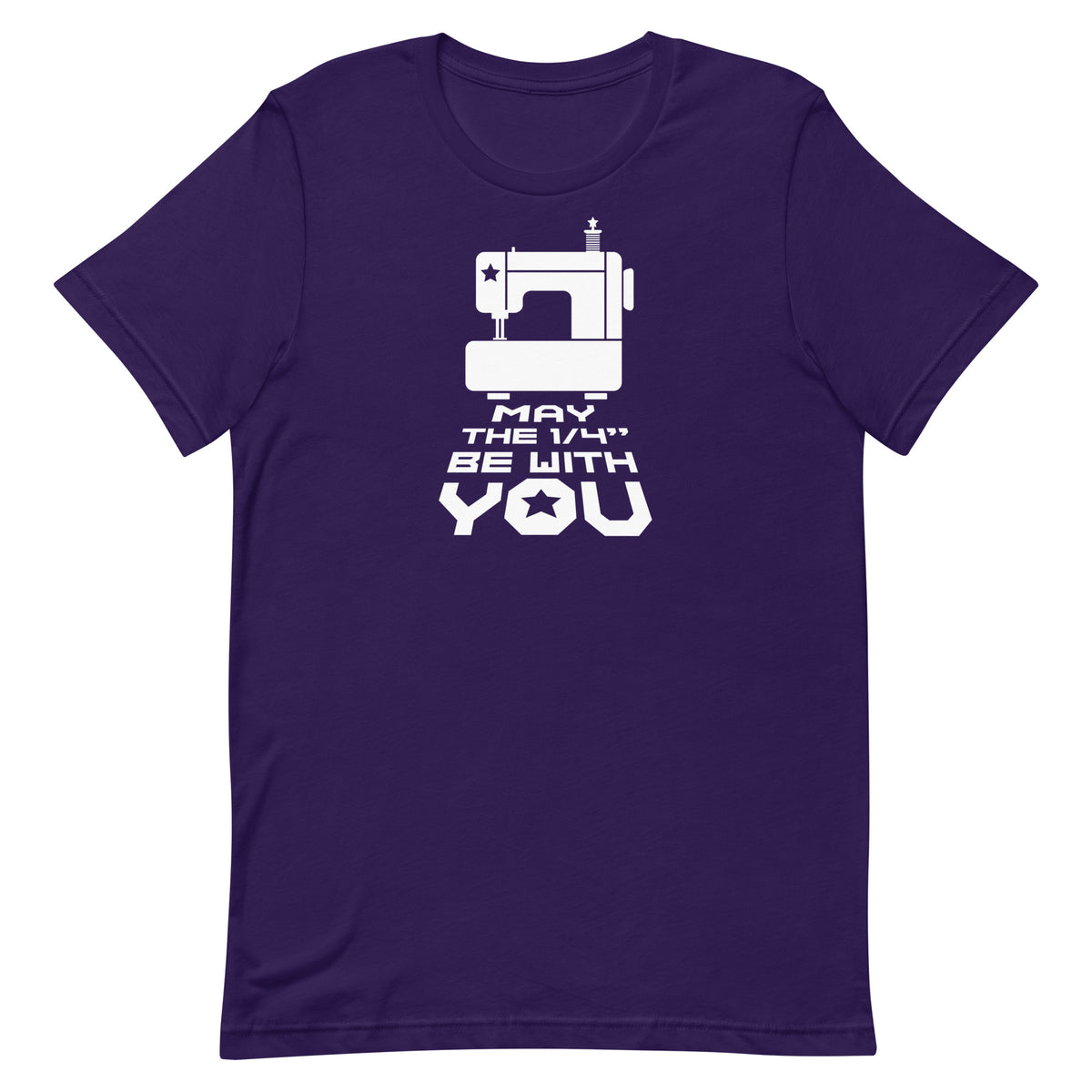 May the ¼" Be With You white sewing machine graphic on a staple t-shirt in purple, front view – Kate Spain design for Pat Sloan