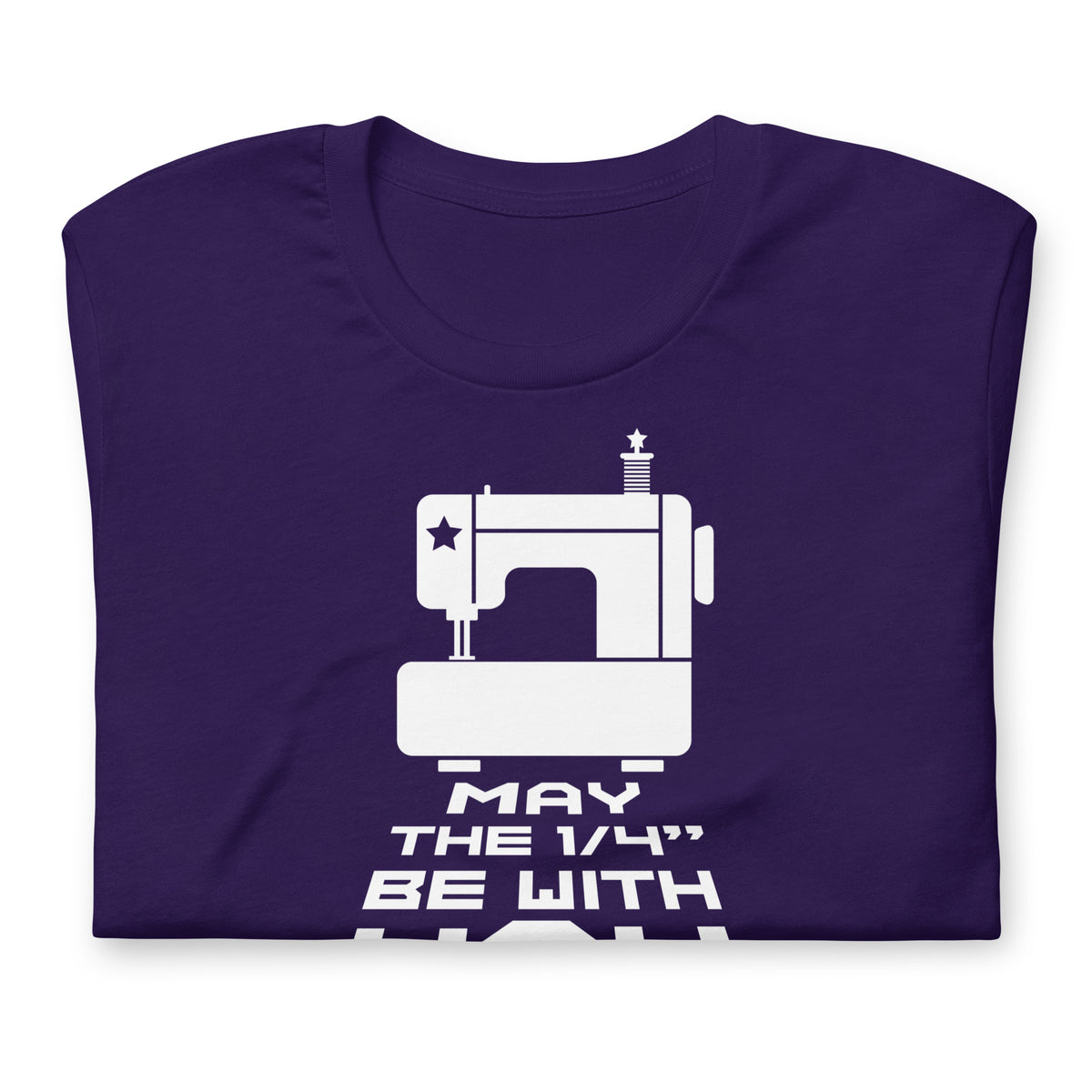 May the ¼" Be With You white sewing machine graphic on a staple t-shirt in purple, folded close-up of the design – Kate Spain design for Pat Sloan