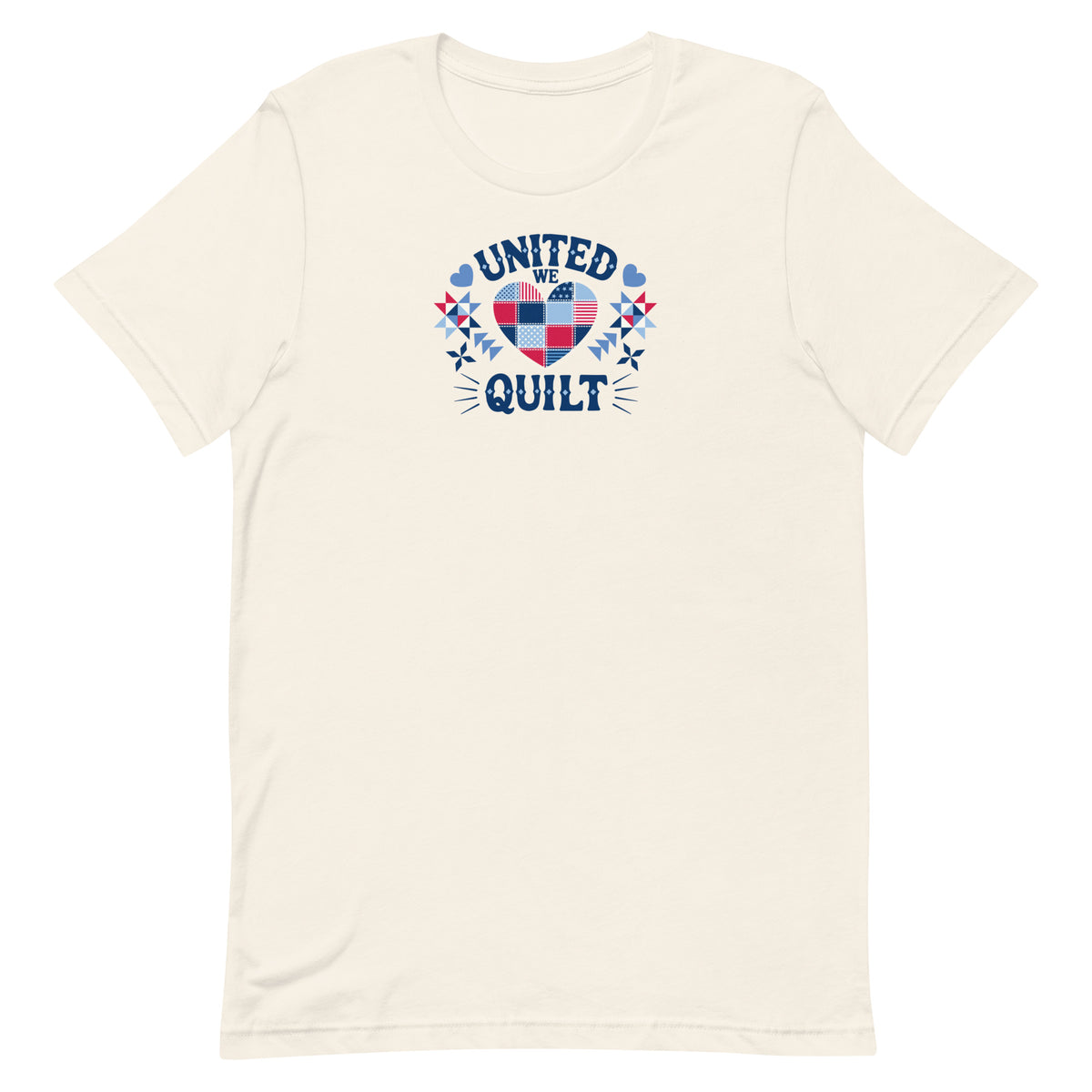 Quilters United quilt badge in red, white and blue on a t-shirt in vintage white, front view – Kate Spain design for Pat Sloan