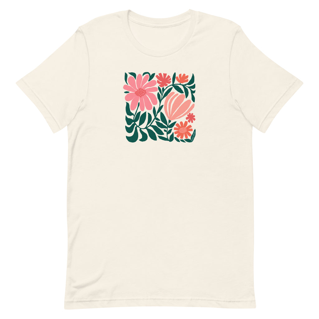 Botanica modern floral design with pink and coral blooms on a t-shirt in vintage white, front view – Kate Spain design