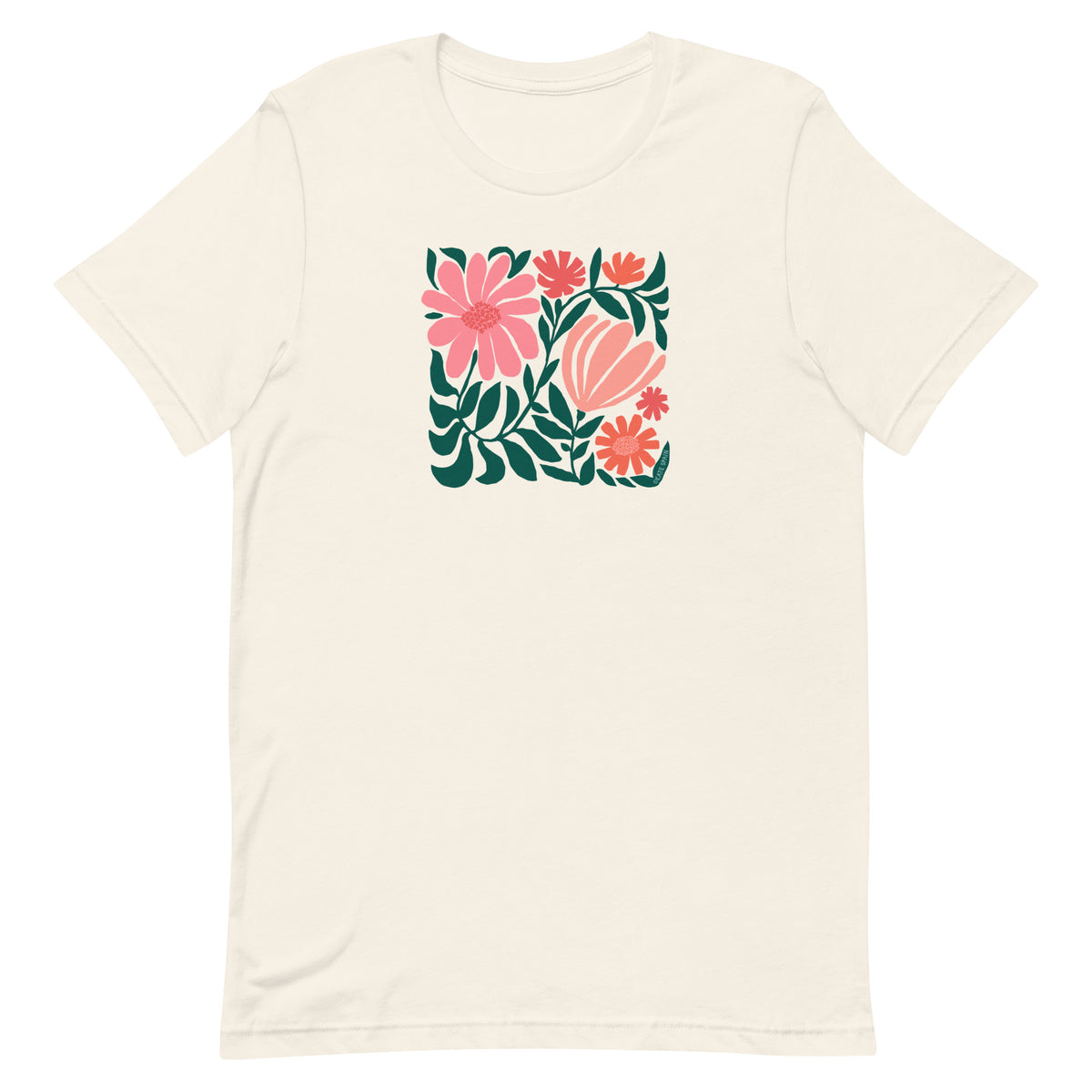 Botanica modern floral design with pink and coral blooms on a t-shirt in vintage white, front view – Kate Spain design