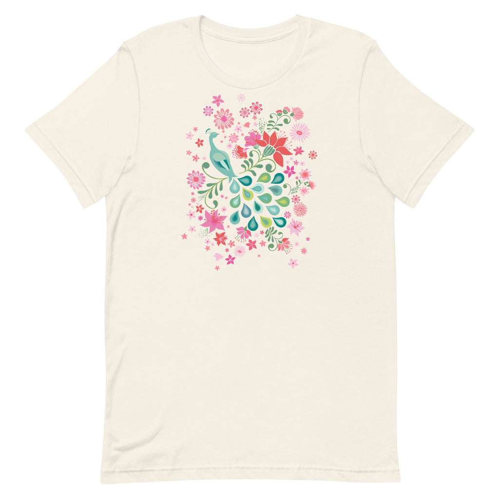 Peacock Flowers design, a peacock among coral, pink, mint and teal blooms on a t-shirt in vintage white, front view – Kate Spain design