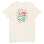 Peacock Flowers design, a peacock among coral, pink, mint and teal blooms on a t-shirt in vintage white, front view – Kate Spain design