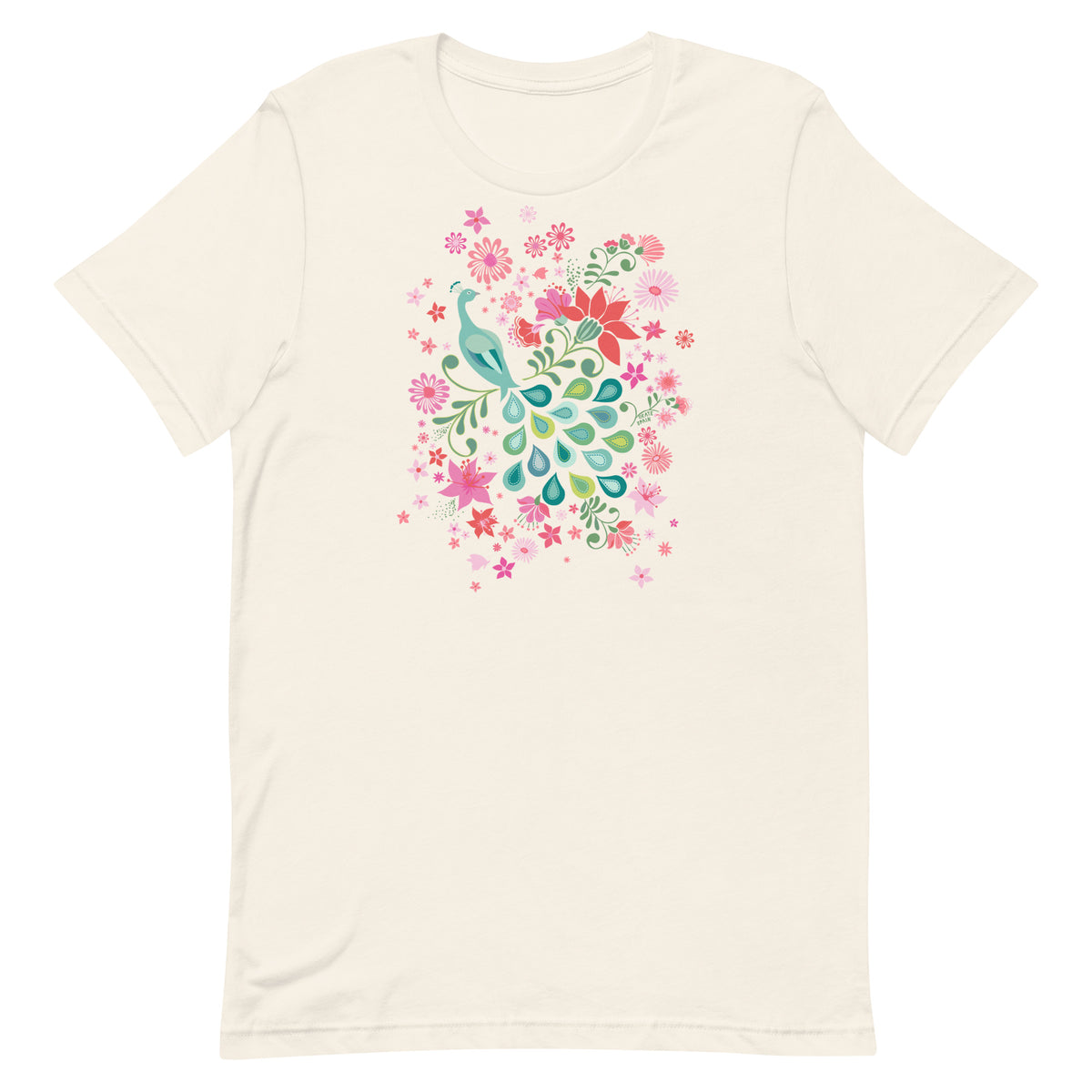 Peacock Flowers design, a peacock among coral, pink, mint and teal blooms on a t-shirt in vintage white, front view – Kate Spain design
