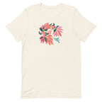 Hummingbird among coral tropical flowers on a t-shirt in vintage white, front view – Kate Spain design