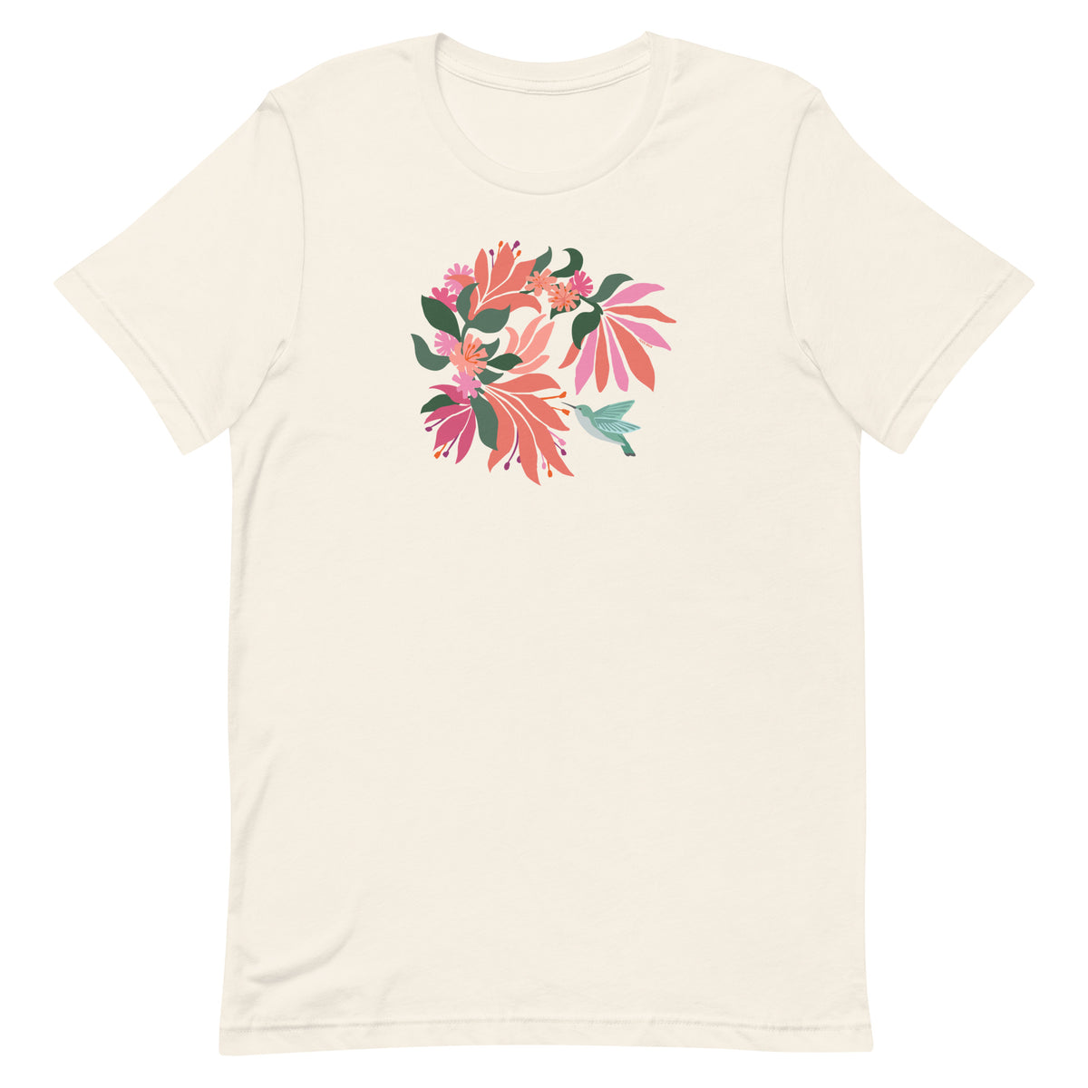 Hummingbird among coral tropical flowers on a t-shirt in vintage white, front view – Kate Spain design