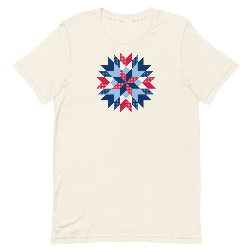 Barn Star quilt block in red, white and blue on a staple t-shirt in vintage white, front view – Kate Spain design for Pat Sloan