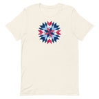 Barn Star quilt block in red, white and blue on a staple t-shirt in vintage white, front view – Kate Spain design for Pat Sloan