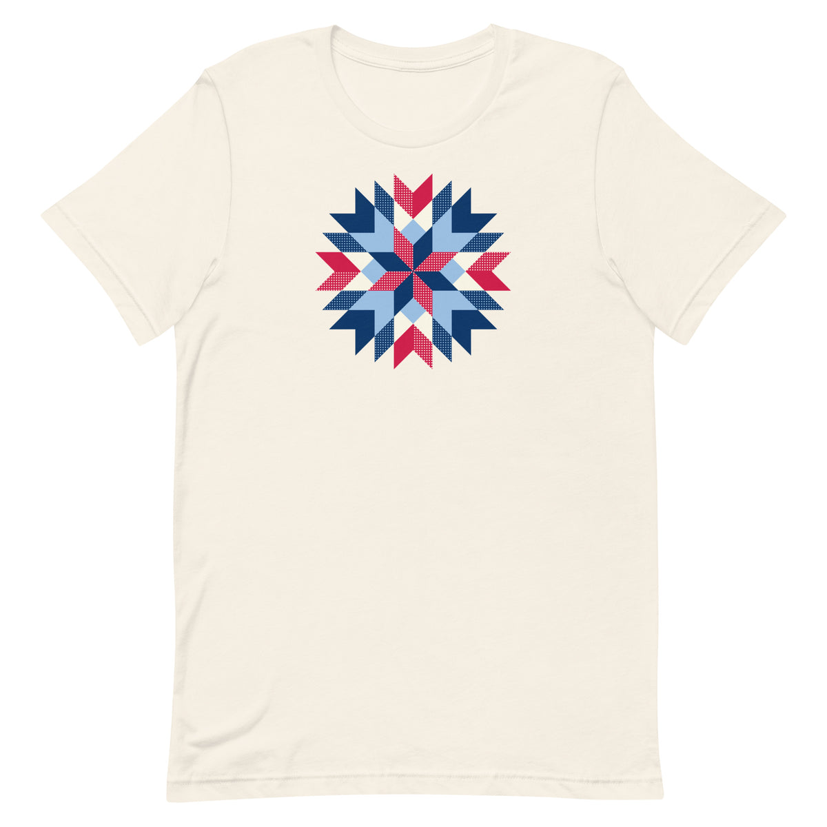 Barn Star quilt block in red, white and blue on a staple t-shirt in vintage white, front view – Kate Spain design for Pat Sloan