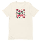 Sew Merry + Bright lettering with quilt stars and holly on a staple t-shirt in vintage white, front view – Kate Spain design for Pat Sloan