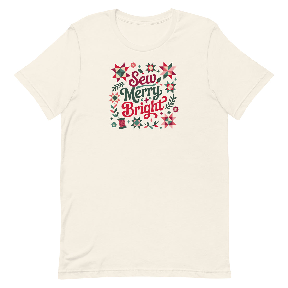 Sew Merry + Bright lettering with quilt stars and holly on a staple t-shirt in vintage white, front view – Kate Spain design for Pat Sloan