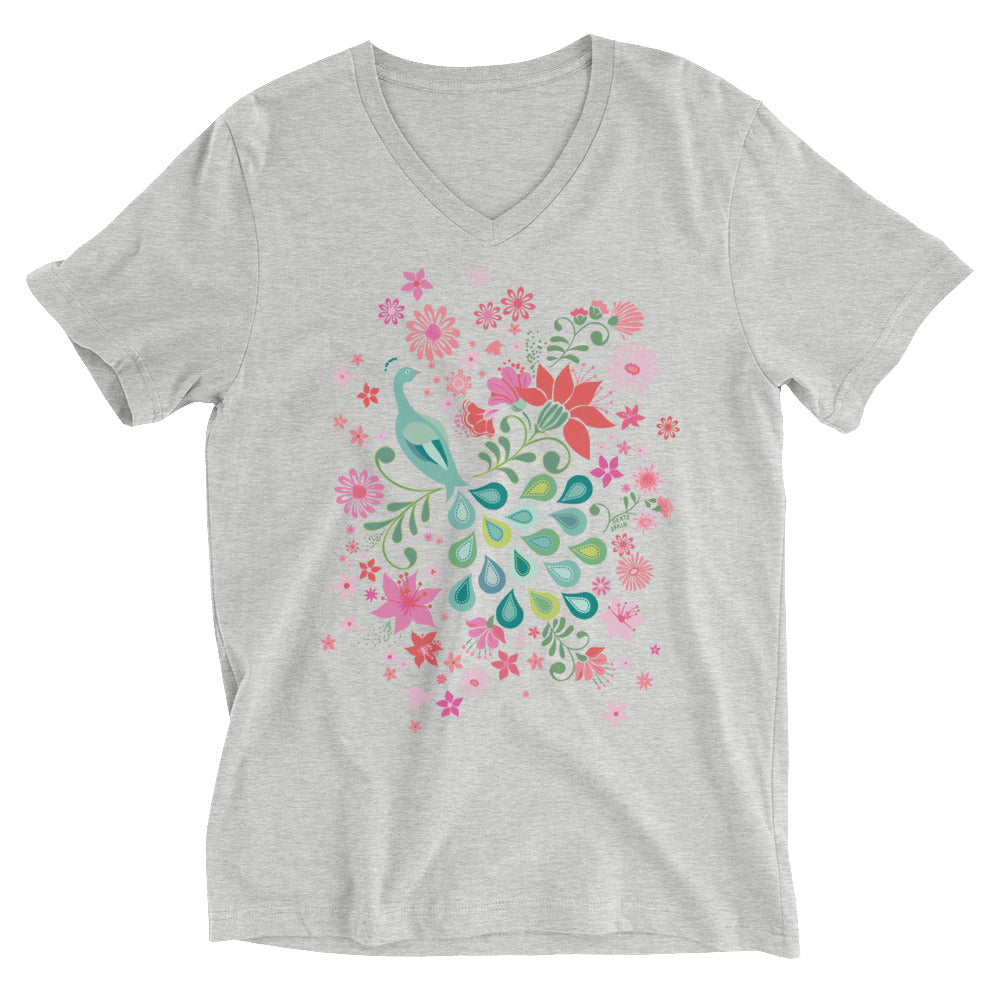 Folk-art peacock among coral, pink and sage-green blooms on a unisex v-neck tee in athletic heather grey, front view – Kate Spain design