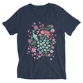Folk-art peacock among coral, pink and sage-green blooms on a unisex v-neck tee in navy, front view – Kate Spain design